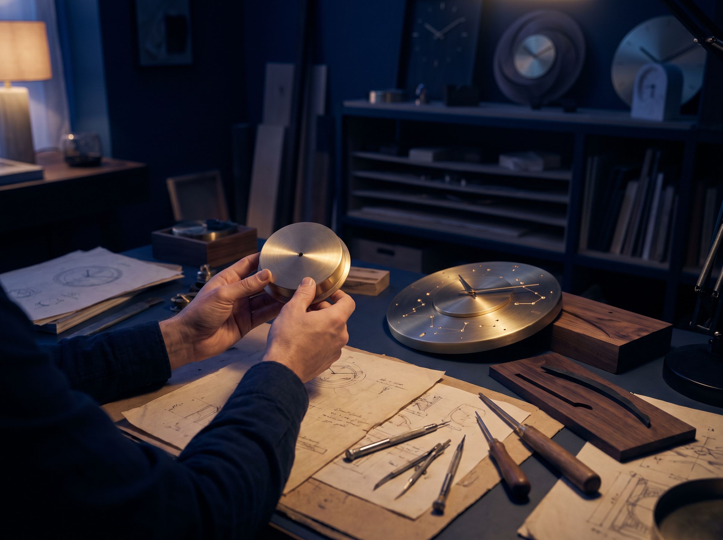 Atmosphère curatoriale — horloges présentées comme des objets précieux dans un cabinet d'astronomie nocturne.